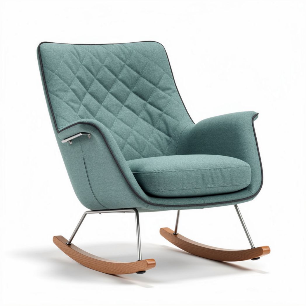 Rocking chair in teal fabric with diamond pattern and wooden base 70 x 80 x 90cm