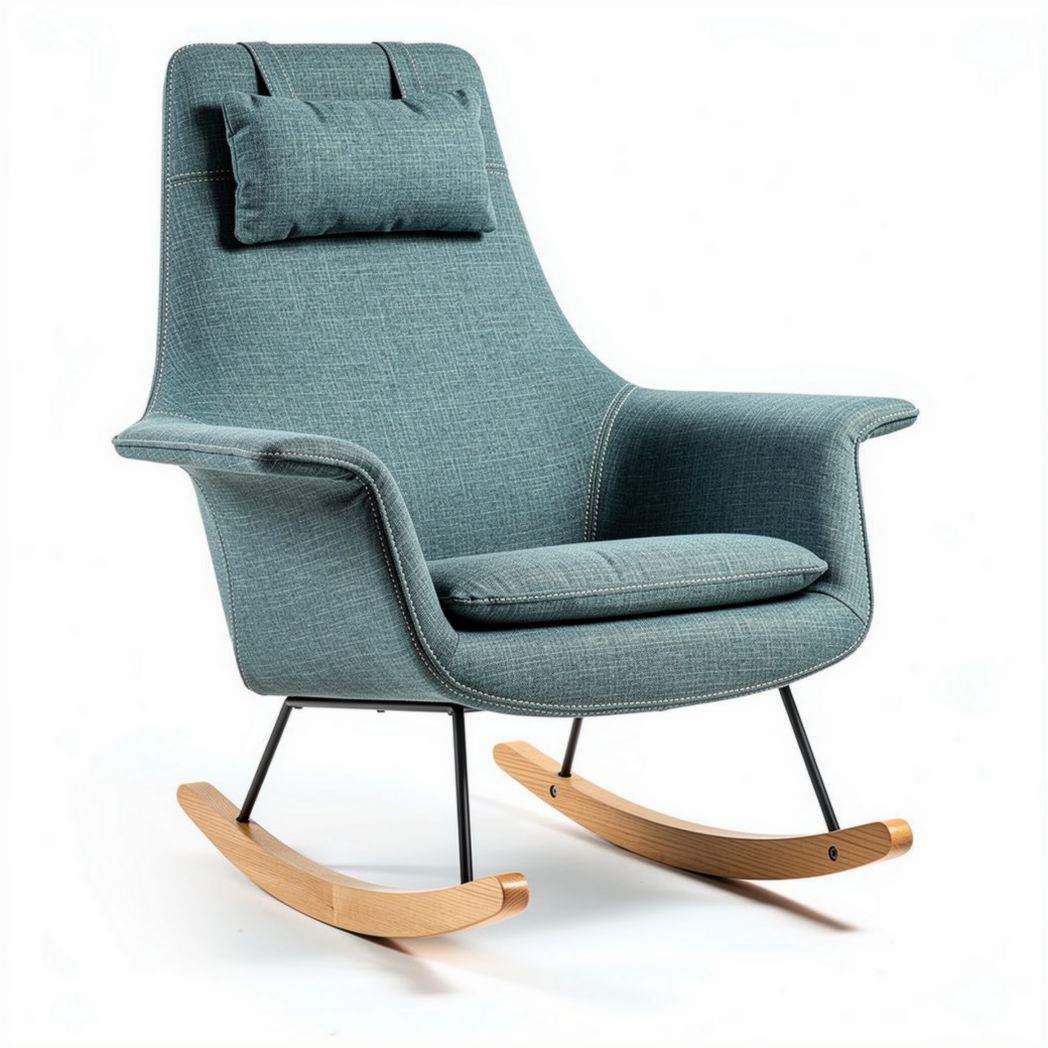 Rocking chair with soft fabric upholstery and natural wood base 80 x 70 x 100cm