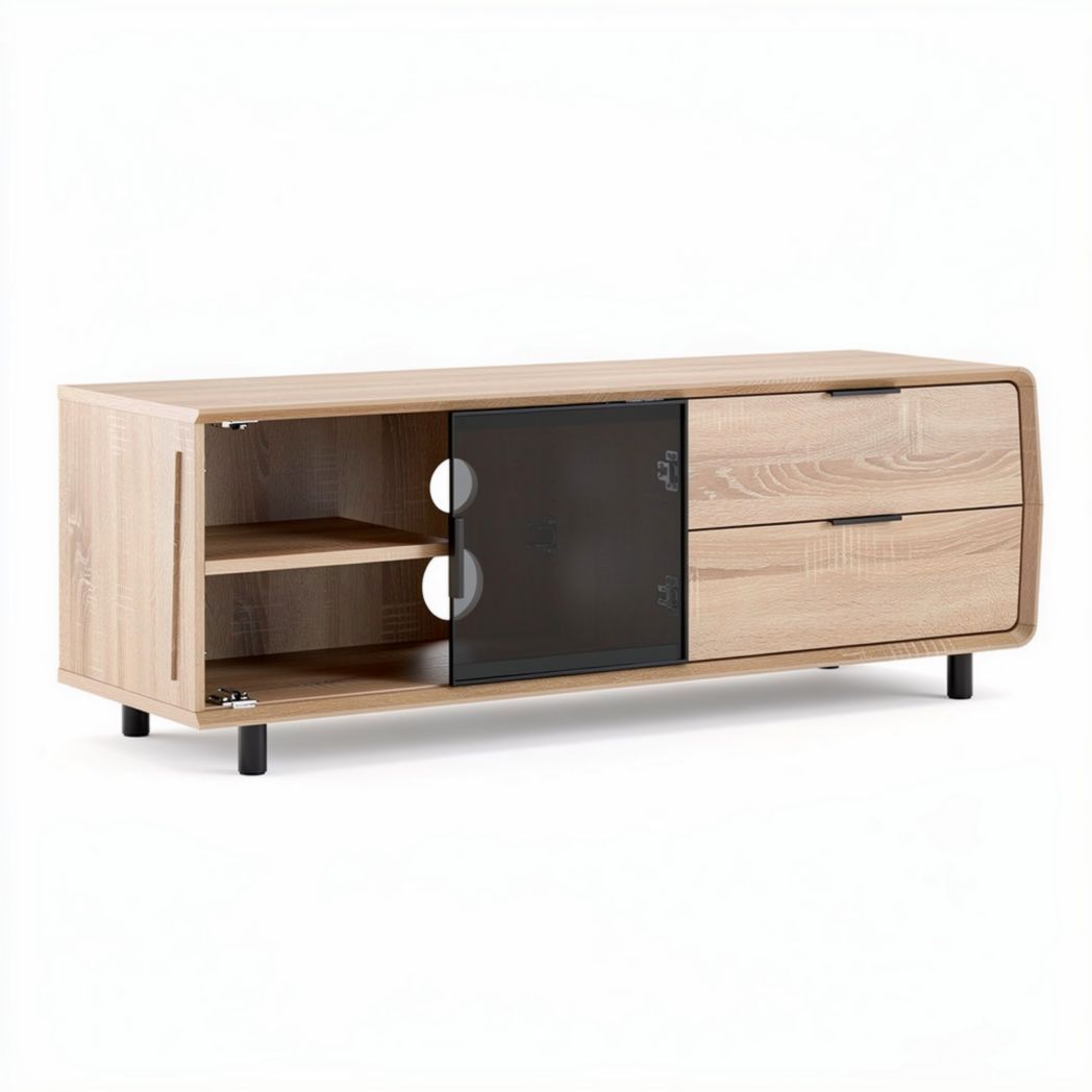 Wooden TV stand with storage drawer and tempered glass door 150 x 40 x 50cm