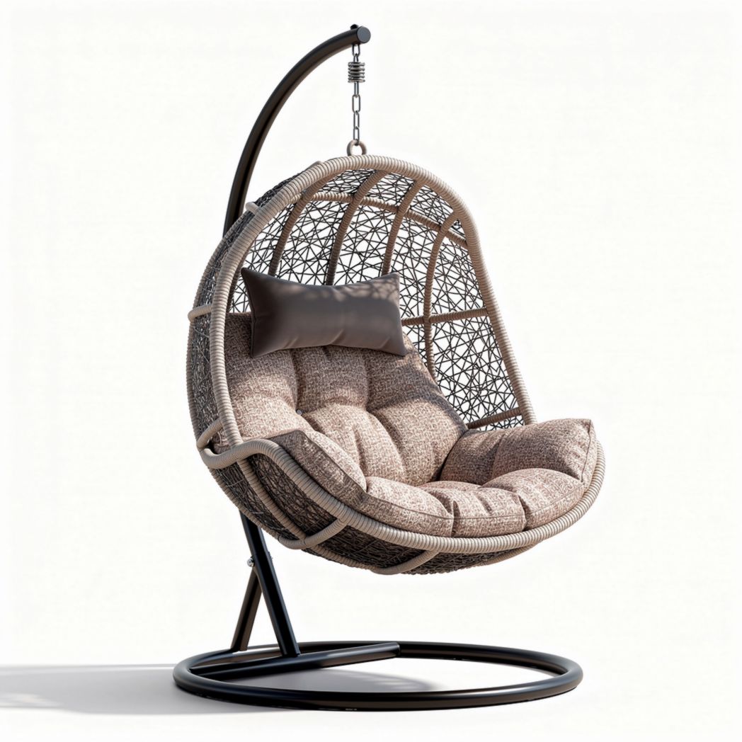Hanging egg chair with cushioned seat and metal stand in brown 95 x 95 x 120cm