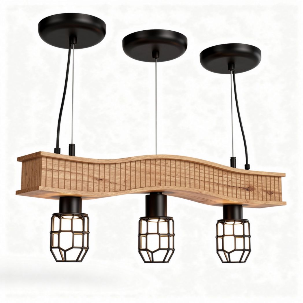 Wooden pendant light fixture with three metal cage shades 60 x 20 x 25cm