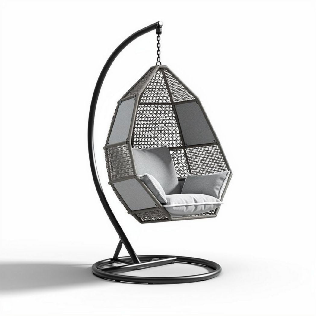 Hanging rattan chair with stand and cushion in gray 100 x 90 x 130cm