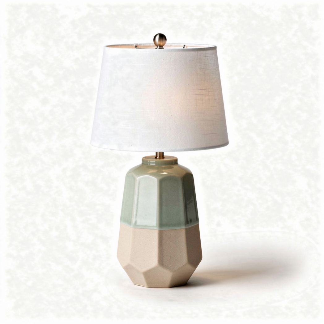 Geometric ceramic table lamp with white shade and pastel color block design 25 x 25 x 40cm