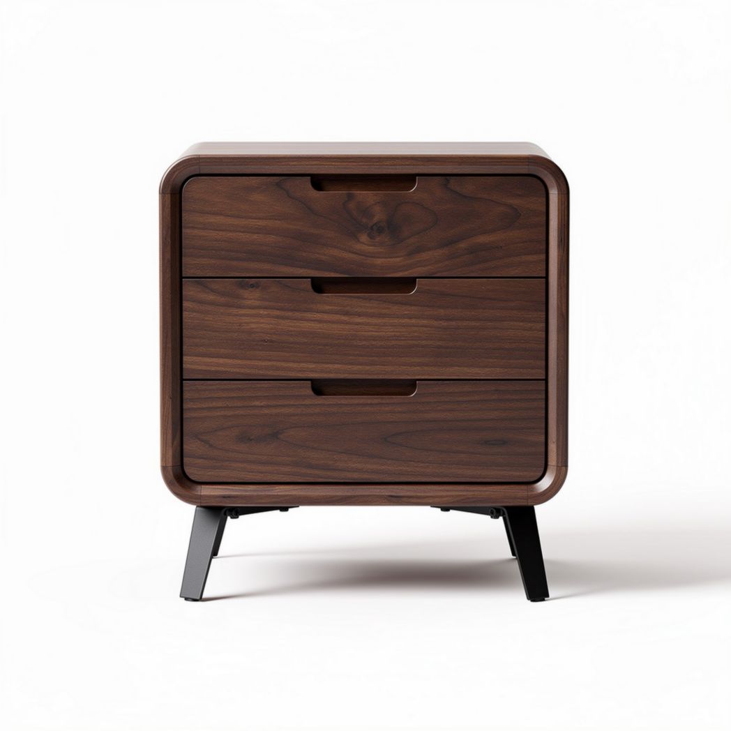 Walnut wood nightstand with three drawers and black metal legs 50 x 40 x 60cm