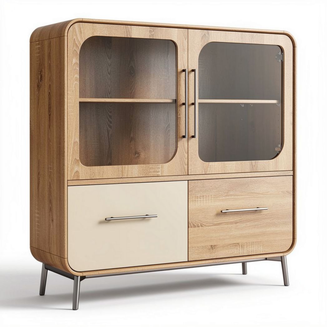 Wooden cabinet with glass doors and two storage drawers 80 x 40 x 90cm