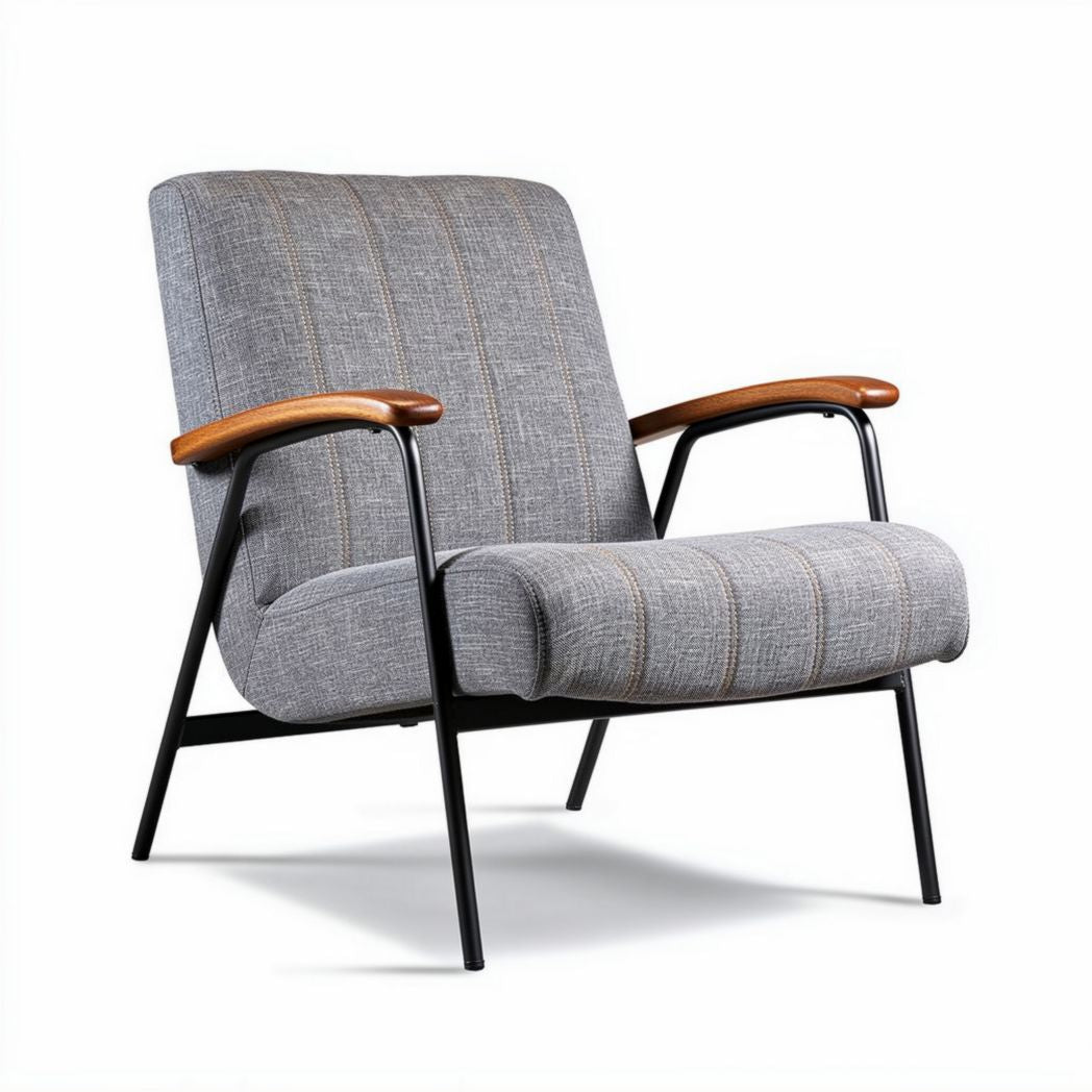Grey fabric armchair with wooden accents and metal frame 80 x 70 x 90cm