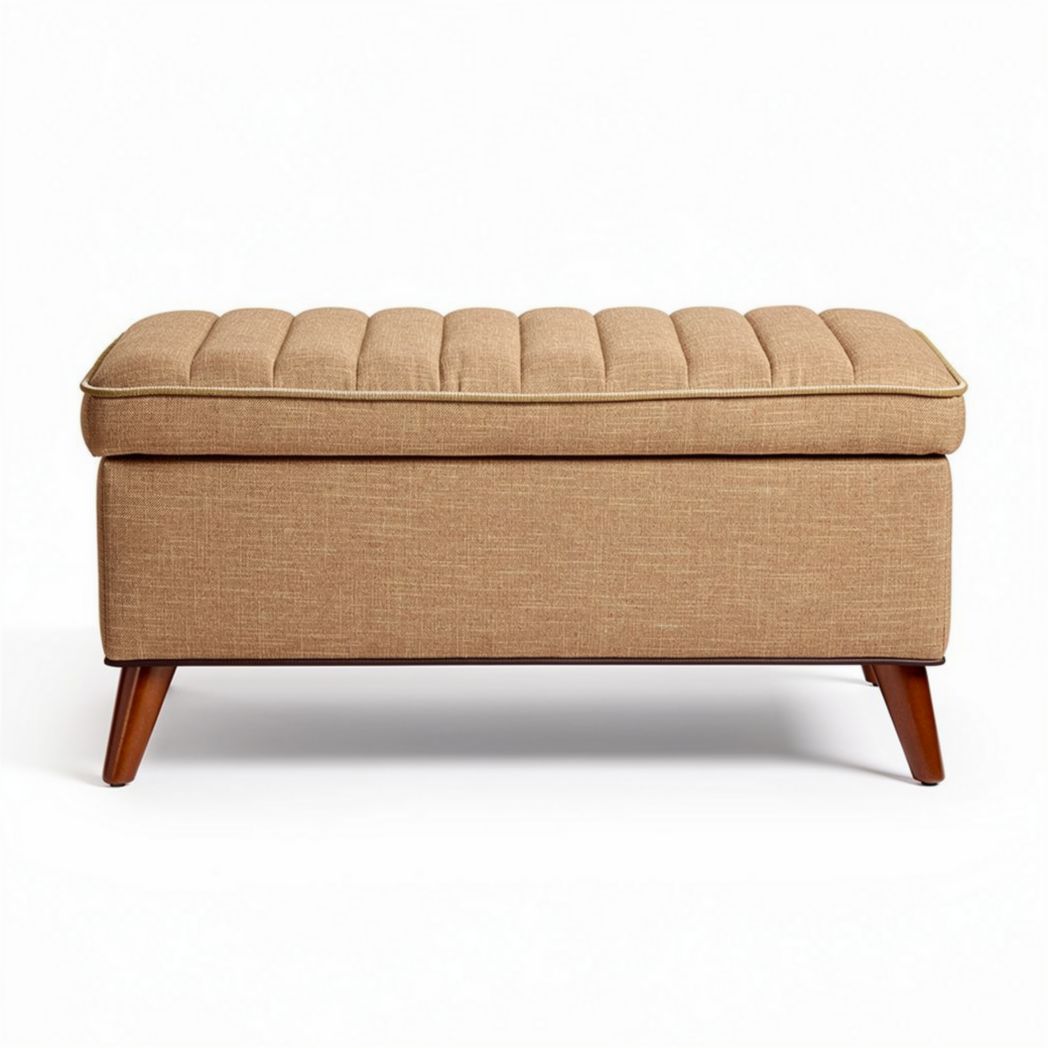 Upholstered storage ottoman in beige fabric with wooden legs 80 x 40 x 45cm