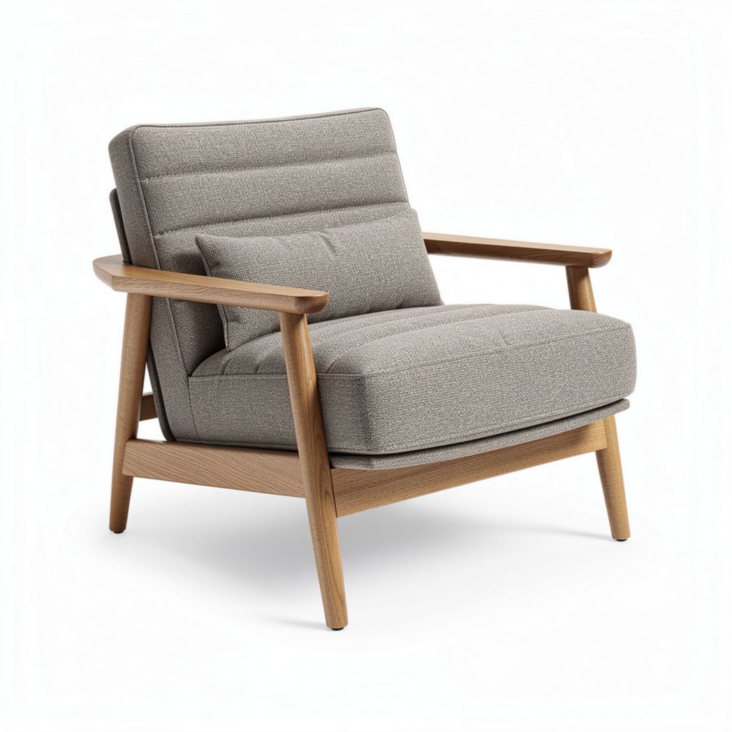Gray fabric armchair with wooden frame suitable for living room decor
